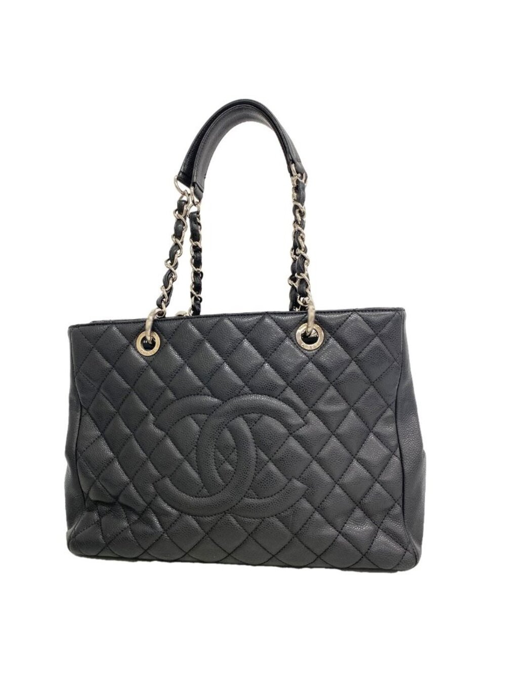 Chanel Chain Tote Bag Quilted Caviar Leather Black Silver